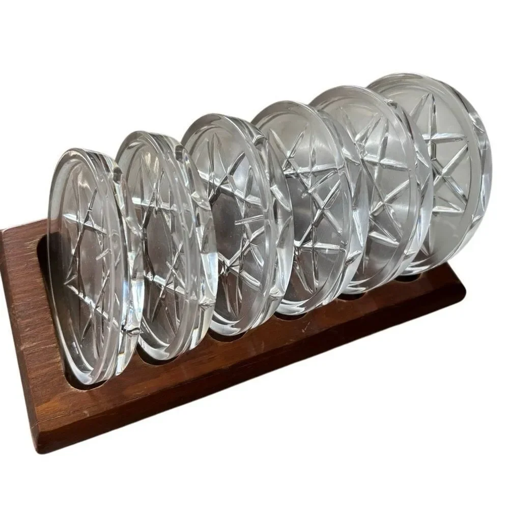 Set Of 6 Vintage Glass Drink Coasters In Wooden Holder